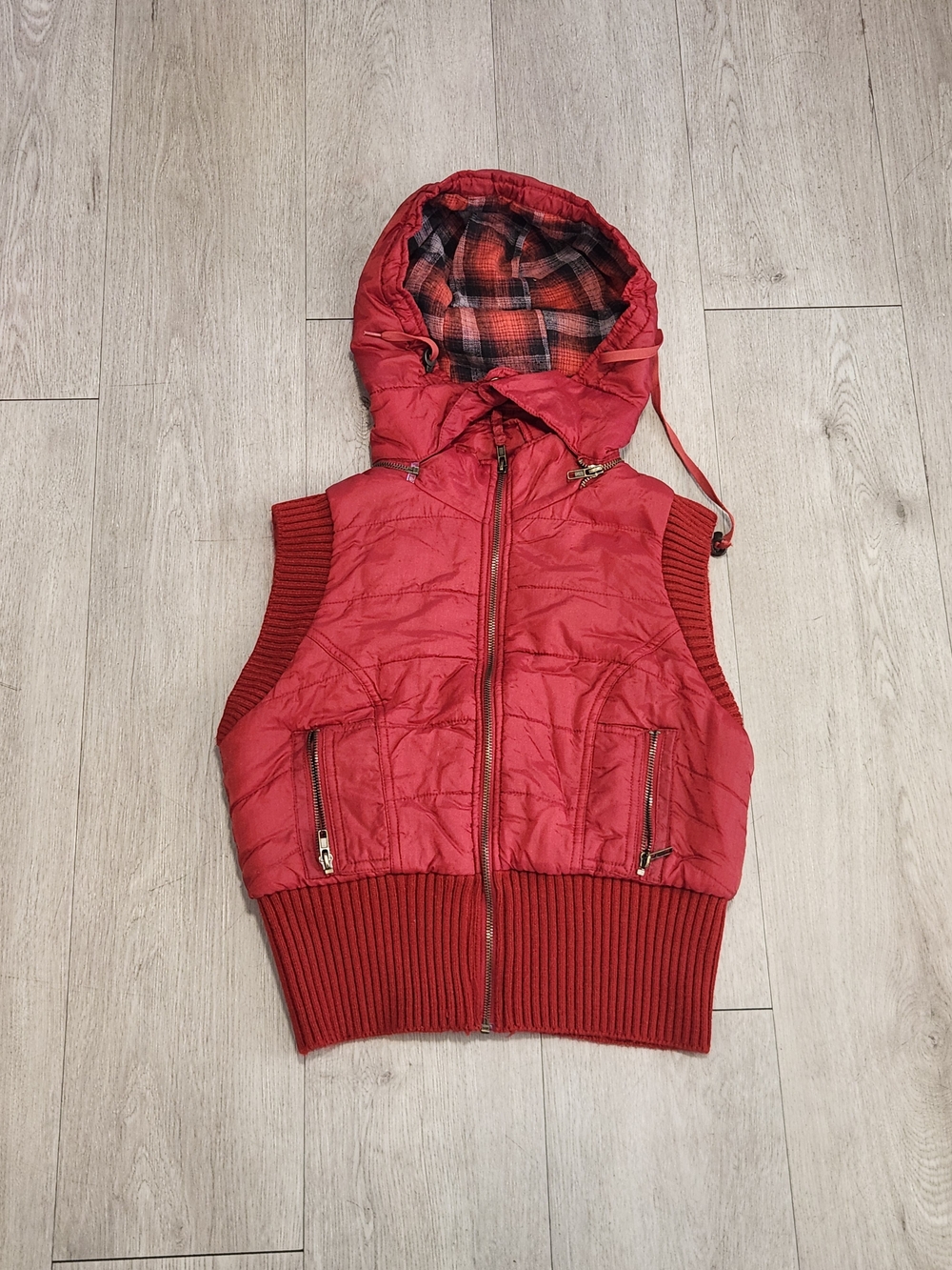 Free People VTG Y2K Red Fleece Lined Hooded Puffer Vest Ribbed Hem S